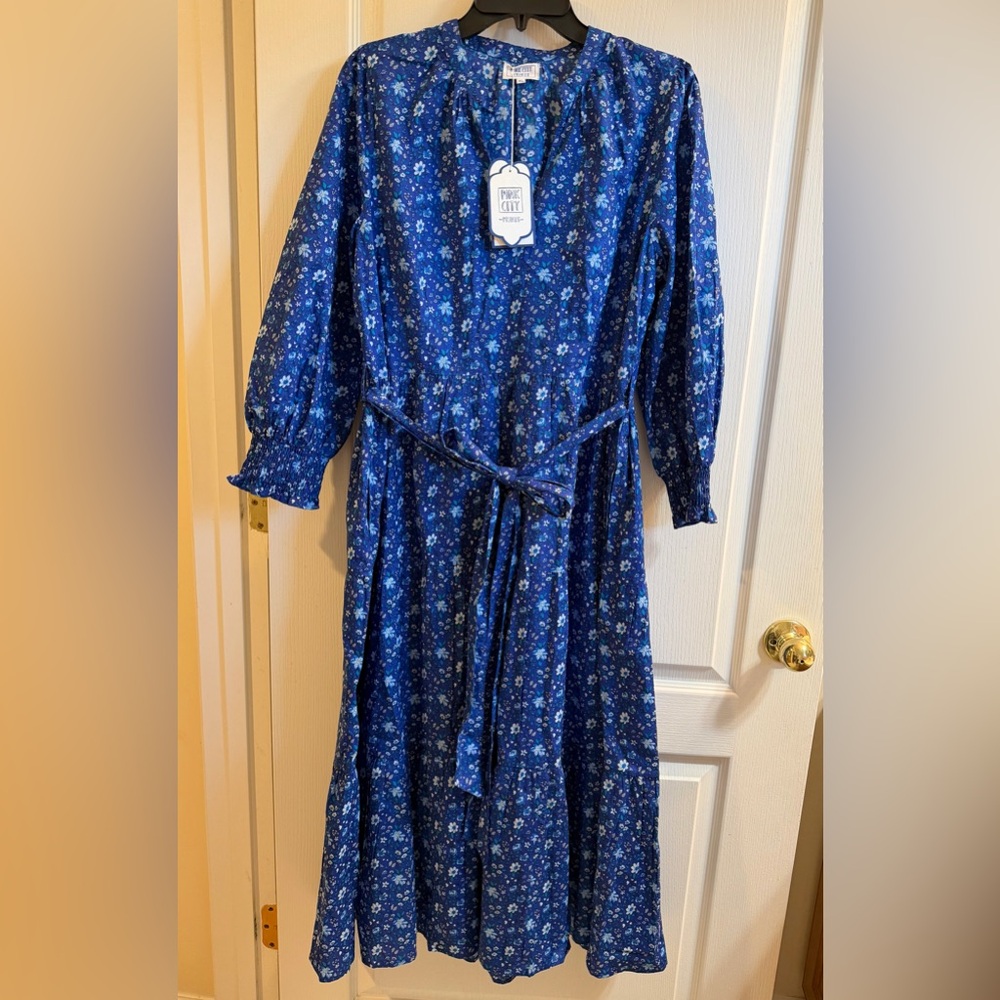 NWT XL Pink City Prints Blue Floral Midi Dress